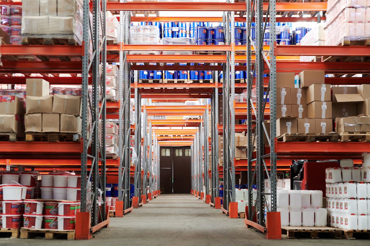 Organized warehouse with shelved inventory